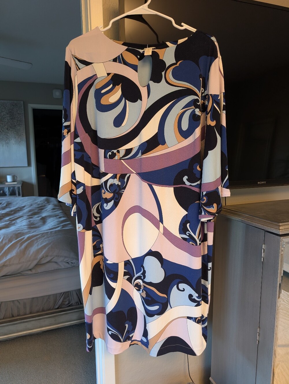 Chico's Groovy Swirl Purple Blue Patterned Kimono Short Sleeve Dress - XL